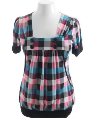 Plus Size Colorful Plaid Button Blue Top