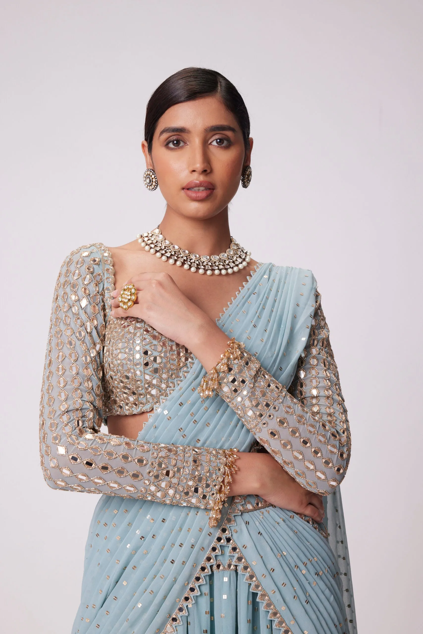 Powder Blue Multitier Hand Embroidered Saree Set