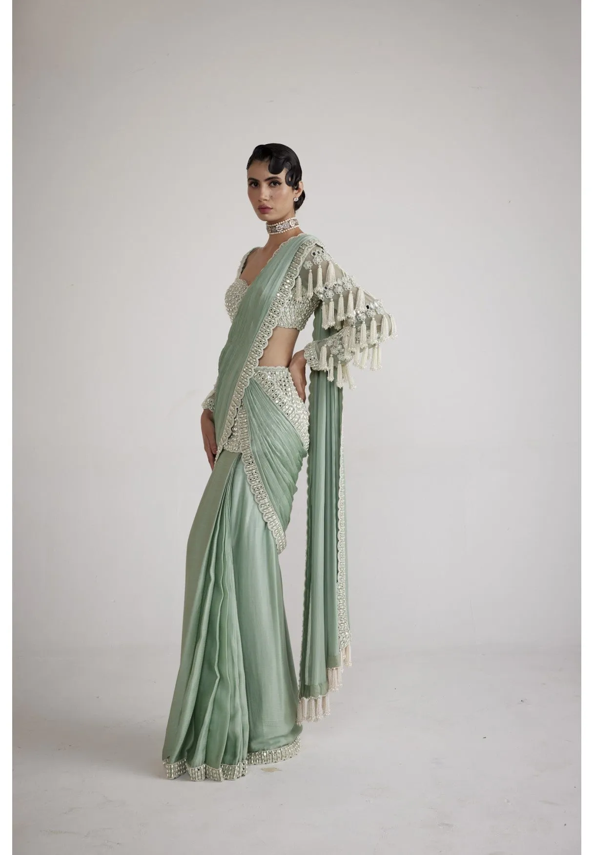 Powder Mint Green Chandelier Drop Saree Set