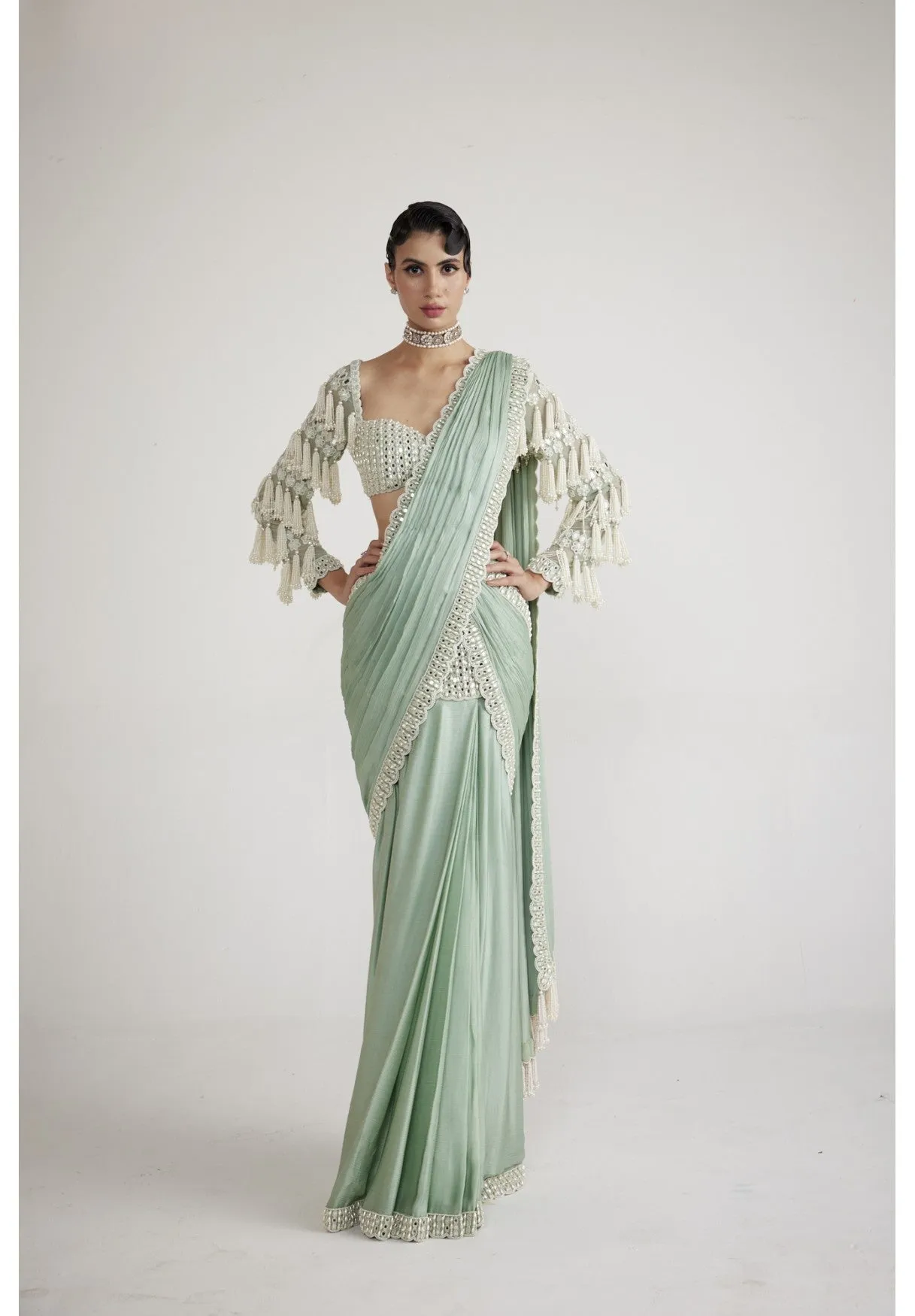 Powder Mint Green Chandelier Drop Saree Set