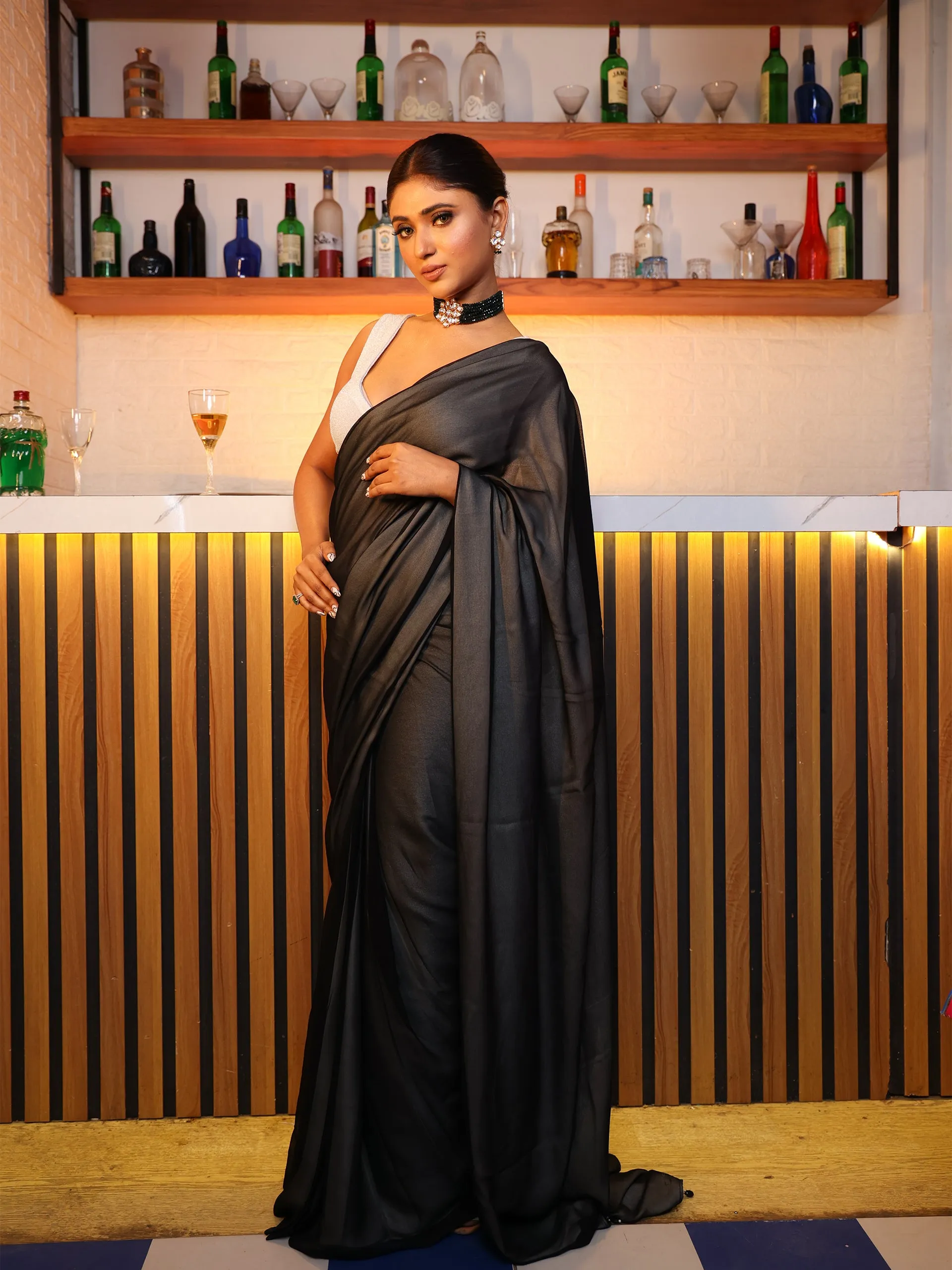 Pre-Draped 1-Minute Black Georgette with Cream Satin Saree with Blouse Fabric