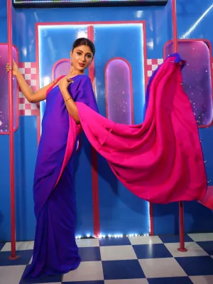 Pre-Draped 1-Minute Blue Georgette with Fuchsia Crepe Saree with Pendants and Blouse Fabric
