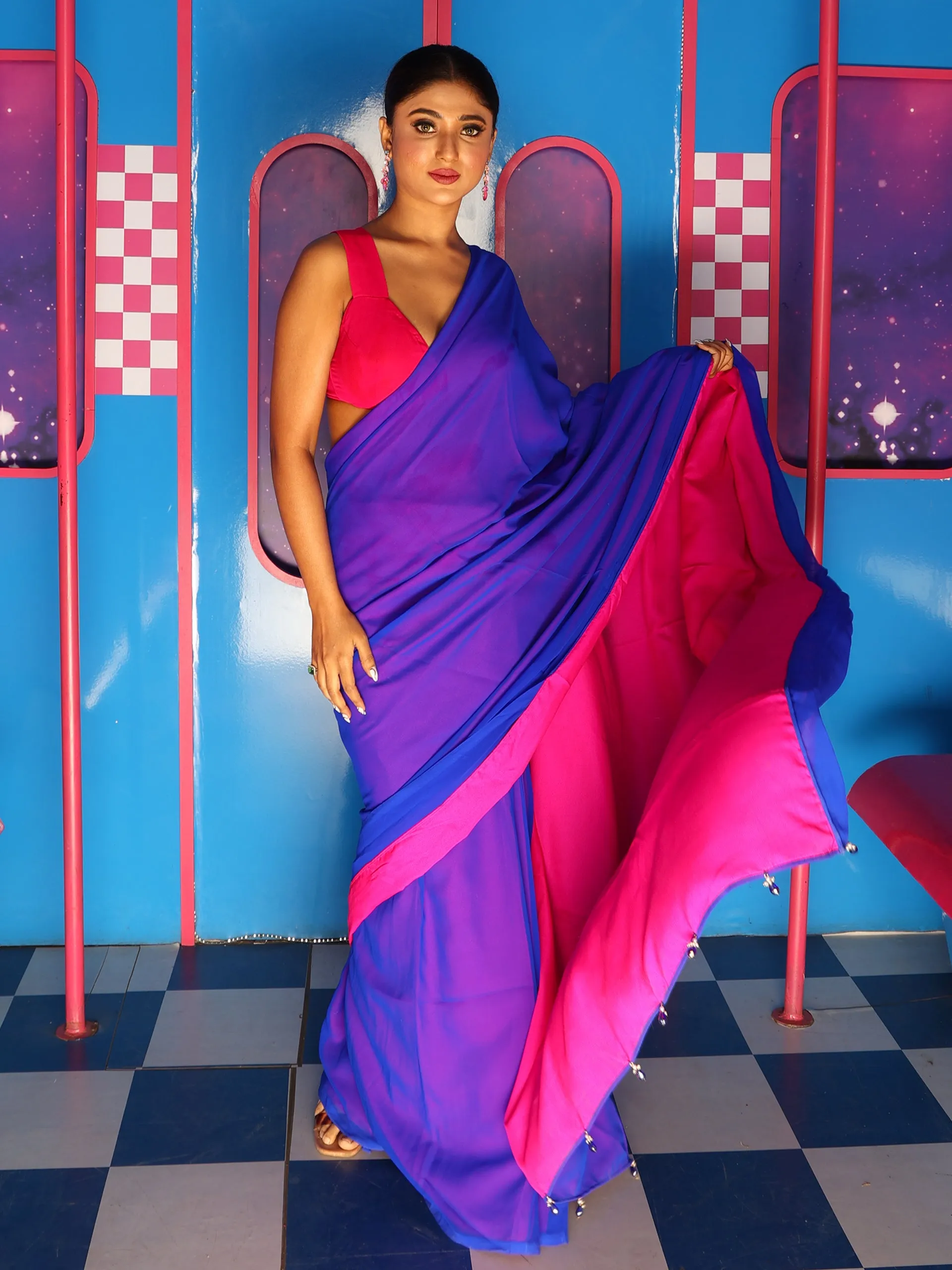 Pre-Draped 1-Minute Blue Georgette with Fuchsia Crepe Saree with Pendants and Blouse Fabric
