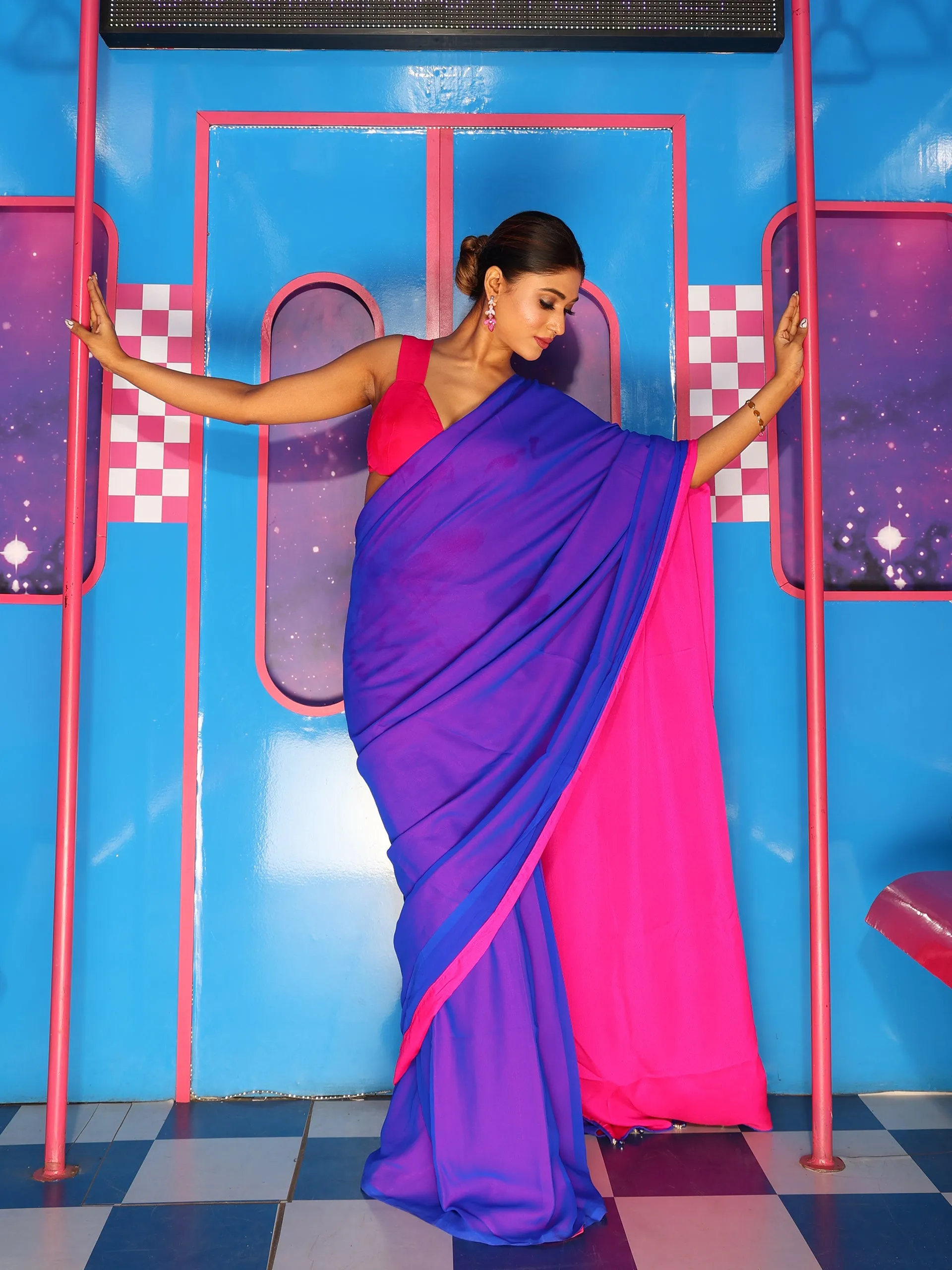 Pre-Draped 1-Minute Blue Georgette with Fuchsia Crepe Saree with Pendants and Blouse Fabric