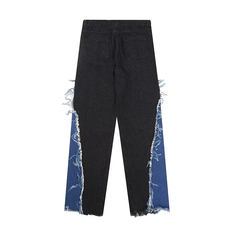 Raw Edge Color Patchwork Distressed Jeans