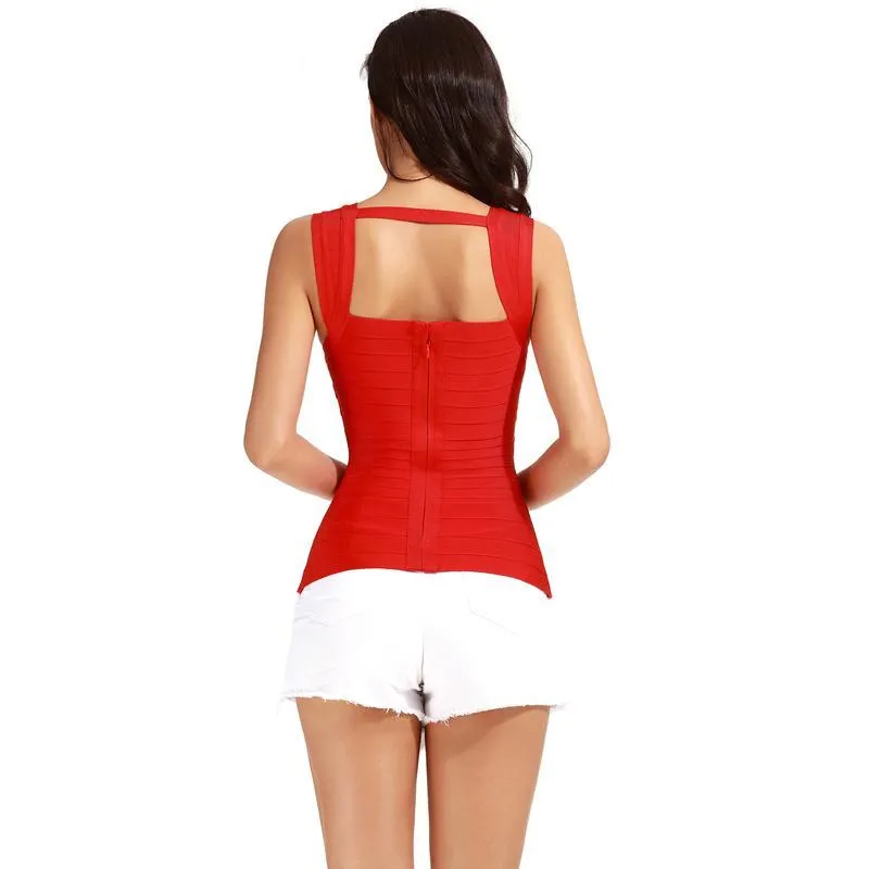Red Elastic Halter Bandage Top Knitted Rayon Blouse