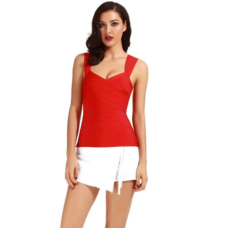 Red Elastic Halter Bandage Top Knitted Rayon Blouse