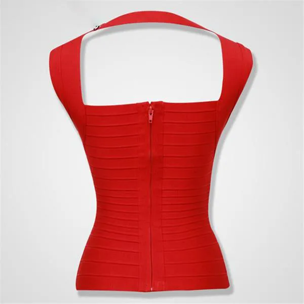 Red Elastic Halter Bandage Top Knitted Rayon Blouse