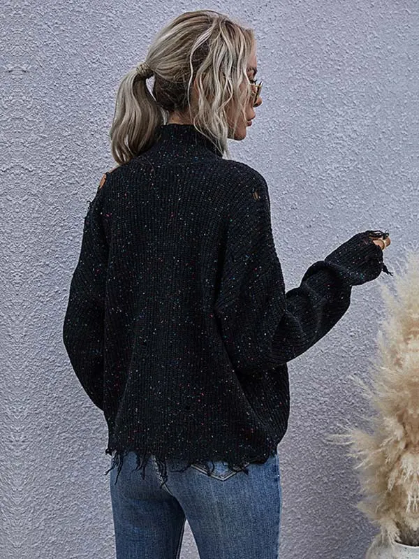 Ripped Cold Shoulder Turtleneck Sweater