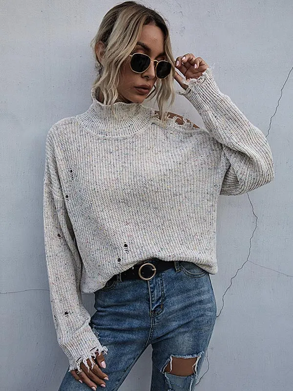 Ripped Cold Shoulder Turtleneck Sweater