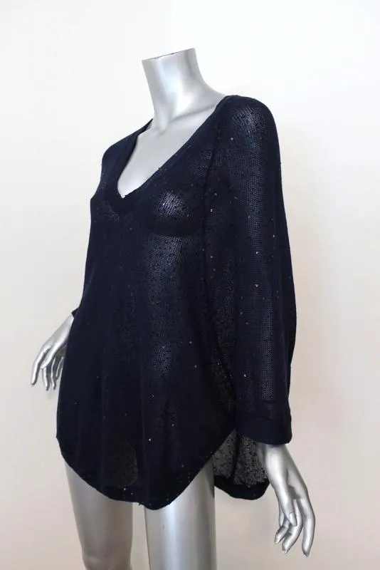 Rivamonti Sweater Navy Sequined Linen-Silk Size Medium V-Neck Pullover