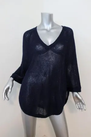 Rivamonti Sweater Navy Sequined Linen-Silk Size Medium V-Neck Pullover
