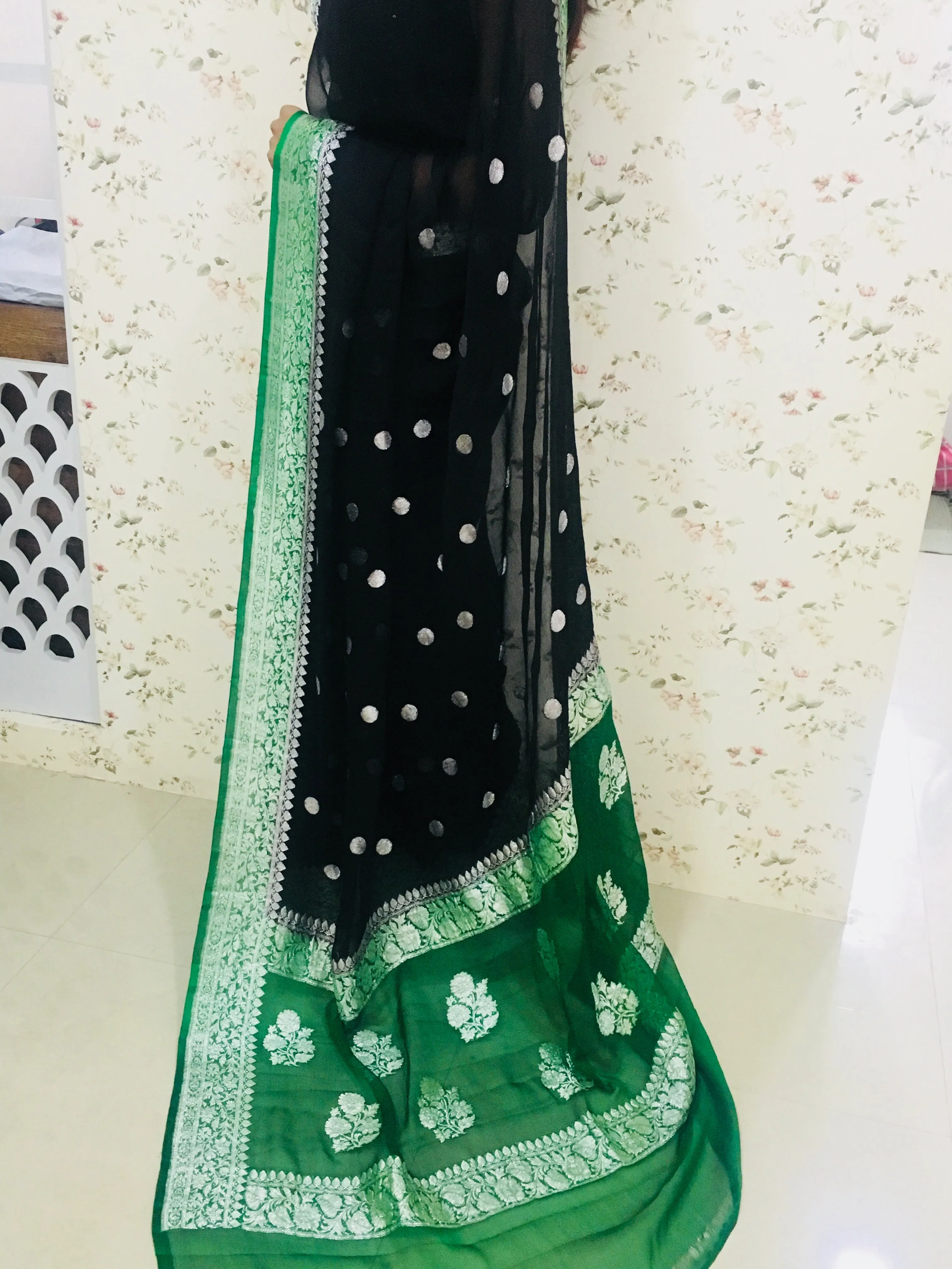 Royal Black-Green Buti Jaal Banarasi Chiffon Saree