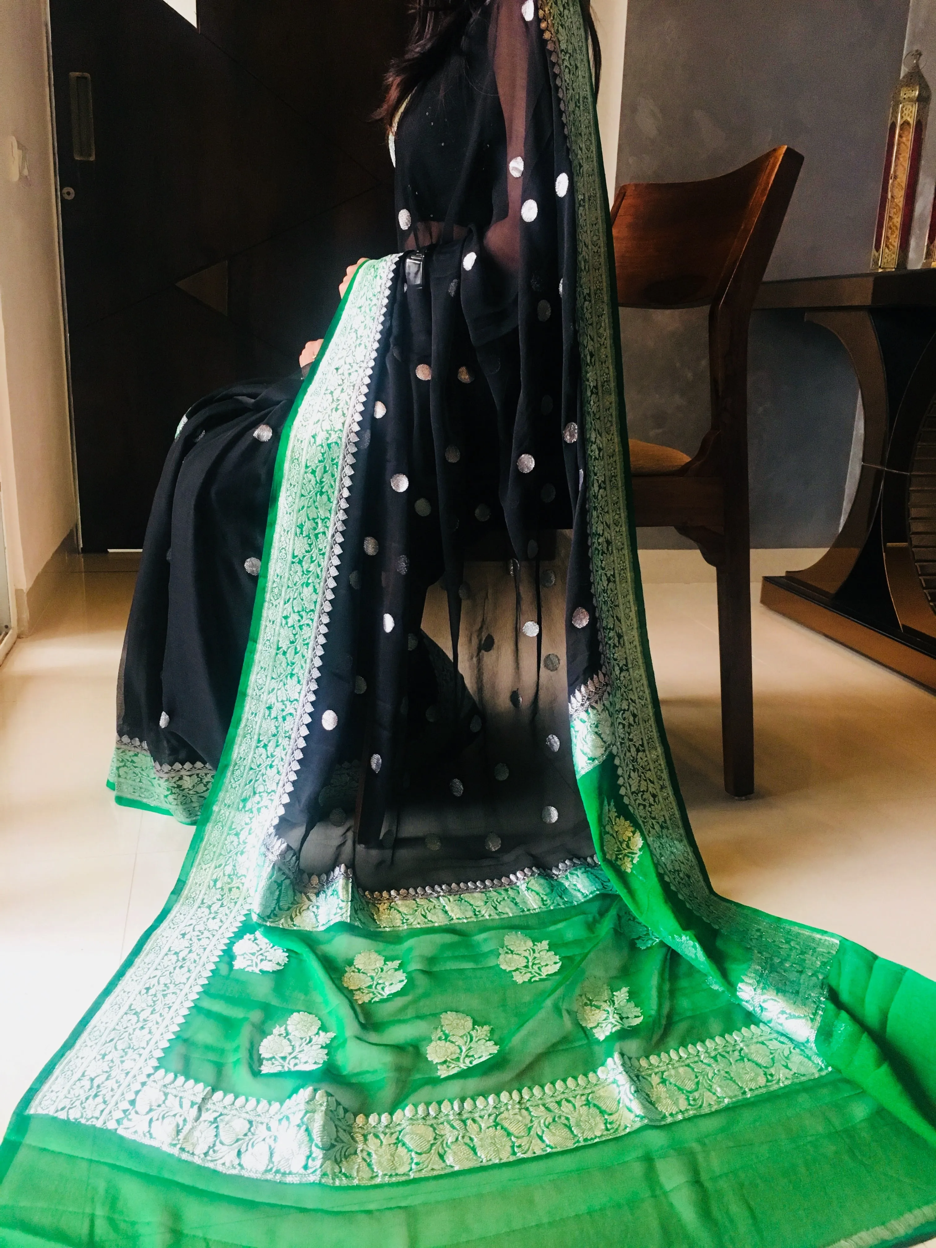 Royal Black-Green Buti Jaal Banarasi Chiffon Saree