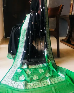 Royal Black-Green Buti Jaal Banarasi Chiffon Saree