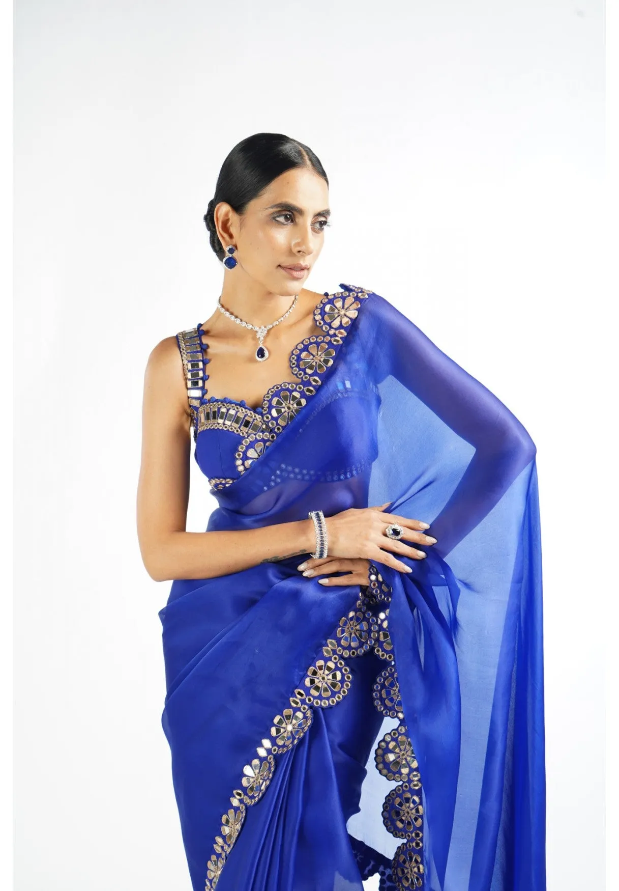 Royal Blue Mirror Scallop Saree Set