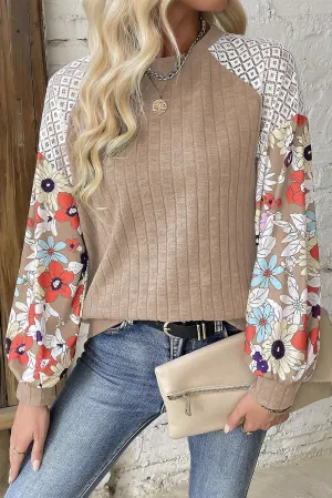 Ryelan Floral Patchwork Long Sleeve Ribbed Blouse Tan