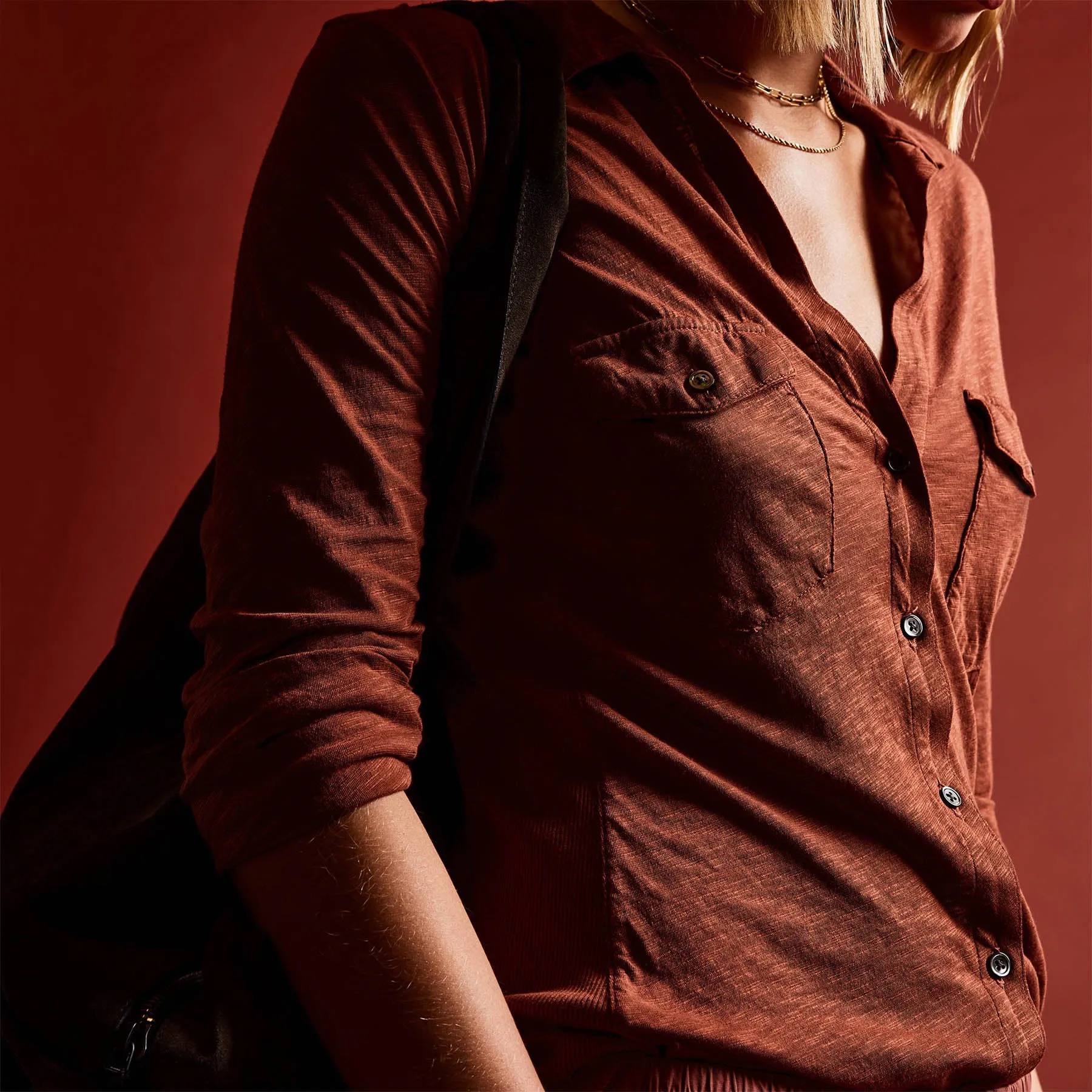 Sheer Slub Side Panel Shirt - Goji