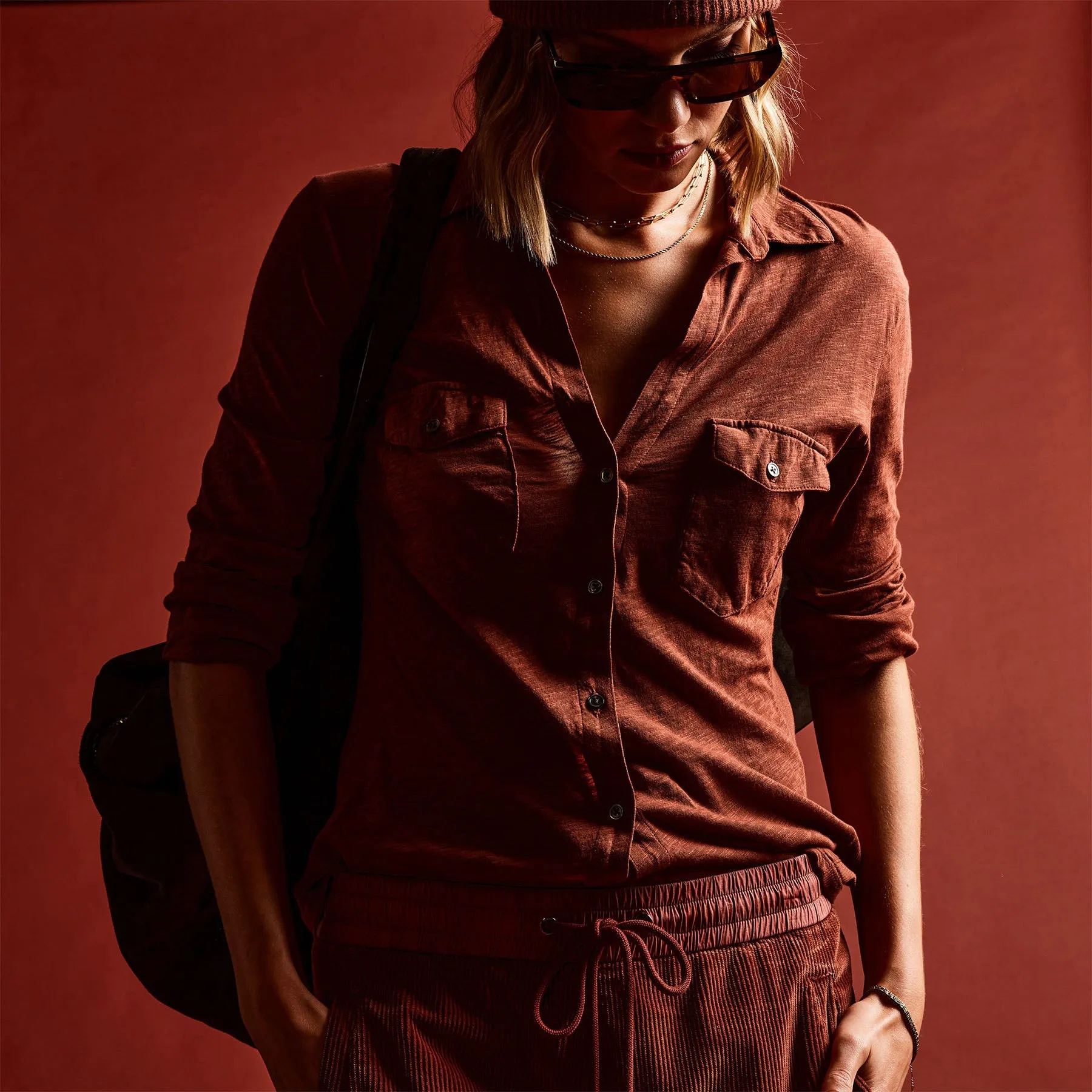 Sheer Slub Side Panel Shirt - Goji