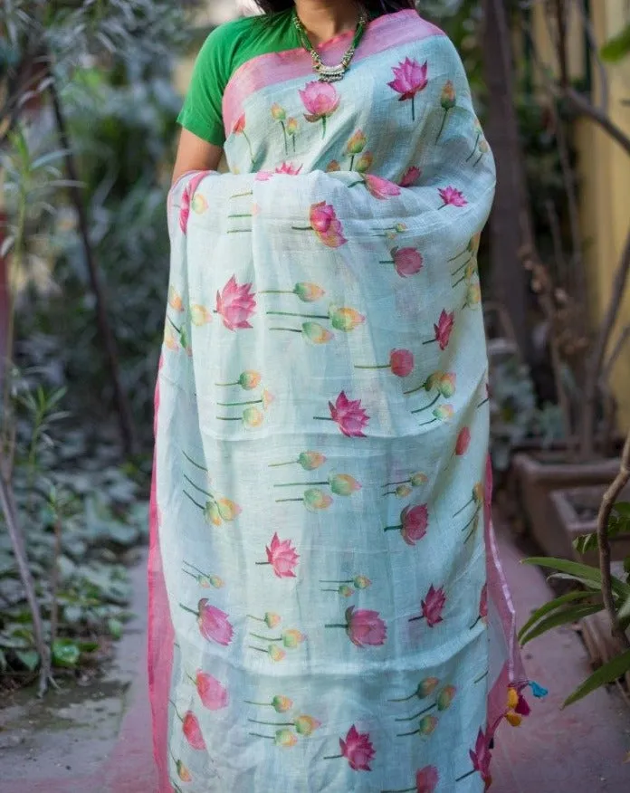Sky Blue Printed Pure Linen