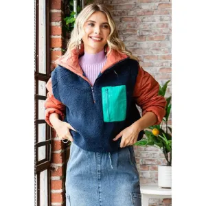 Soft Fleece Quilted Puffer Sleeve Pullover- Navy
