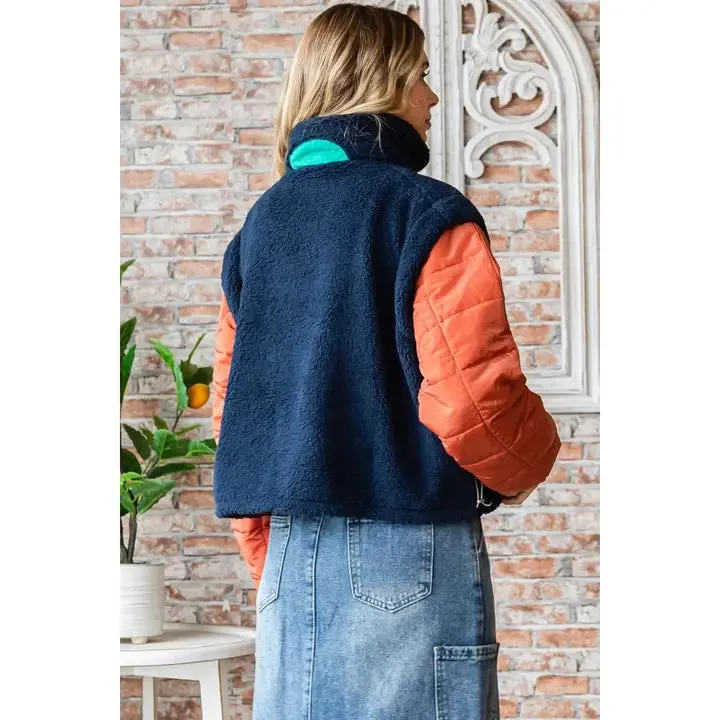 Soft Fleece Quilted Puffer Sleeve Pullover- Navy