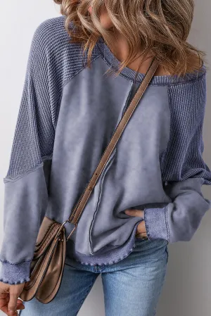 Solid Waffle Knit Raglan Sleeve Sweatshirt