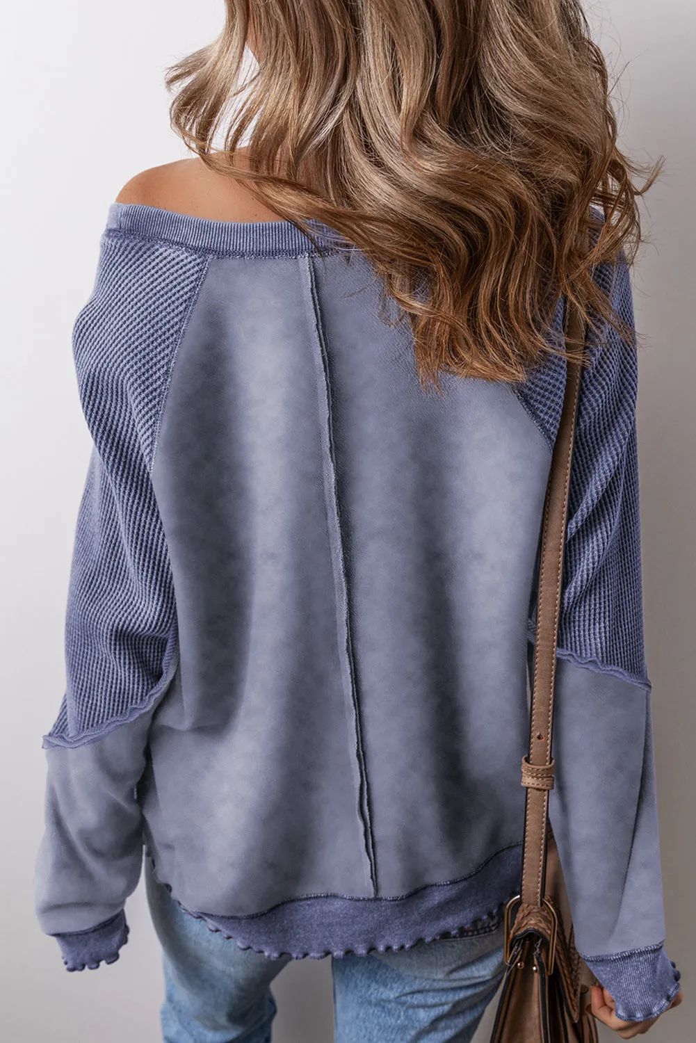 Solid Waffle Knit Raglan Sleeve Sweatshirt