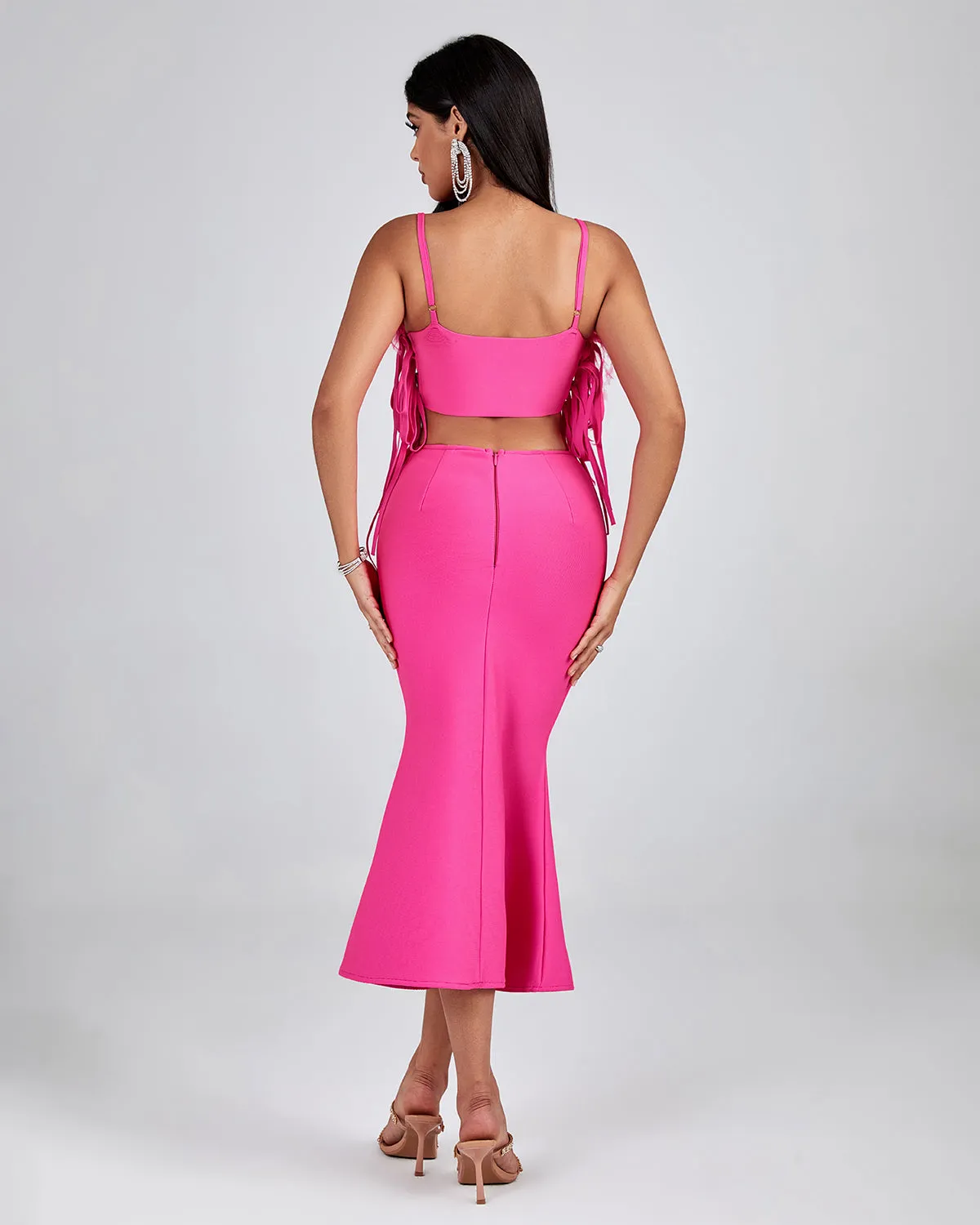 Strappy Feather Trim Hollow Out Bandage Dress