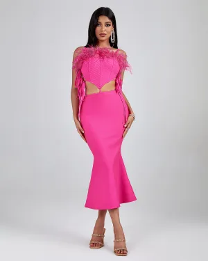 Strappy Feather Trim Hollow Out Bandage Dress