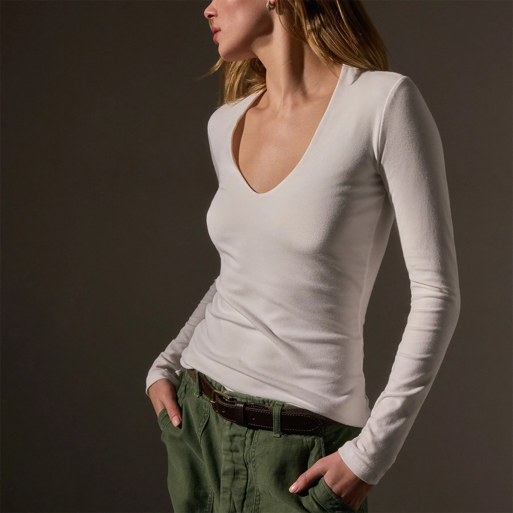 Stretch Lotus Deep V Tee - White