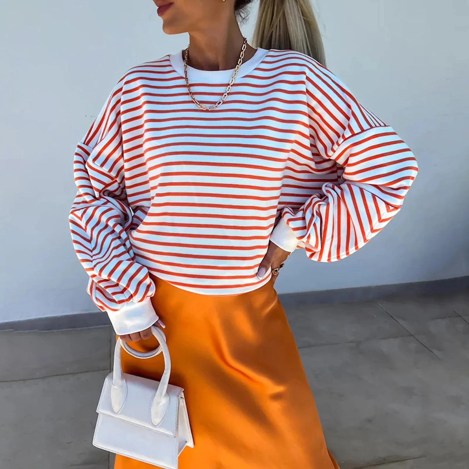 Striped Print Crew Neck Sweatshirt – Casual Long Sleeve Pullover for Fall & Winter Streetwear