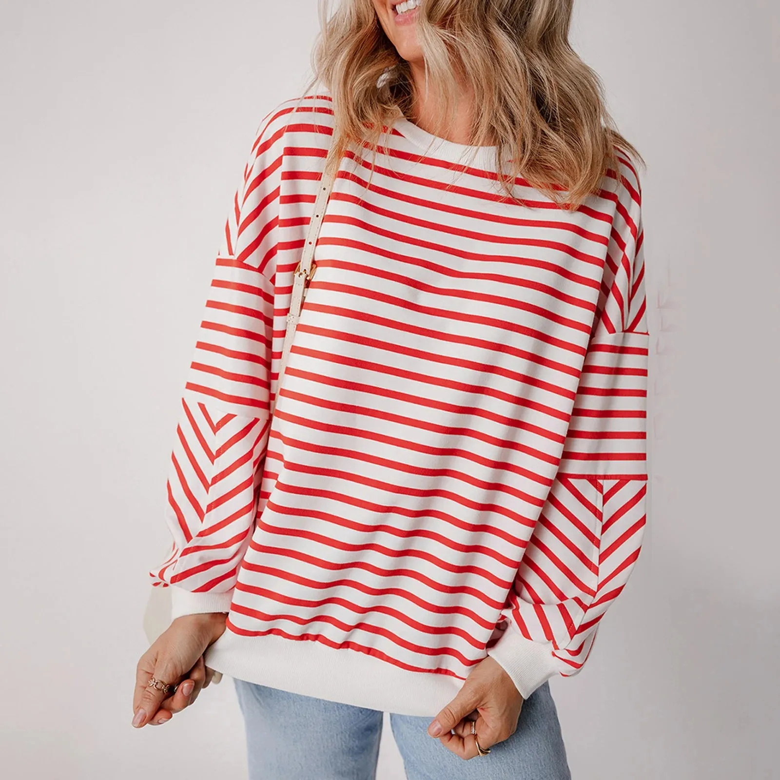Striped Print Crew Neck Sweatshirt – Casual Long Sleeve Pullover for Fall & Winter Streetwear