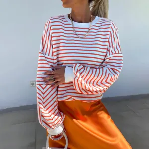 Striped Print Crew Neck Sweatshirt – Casual Long Sleeve Pullover for Fall & Winter Streetwear
