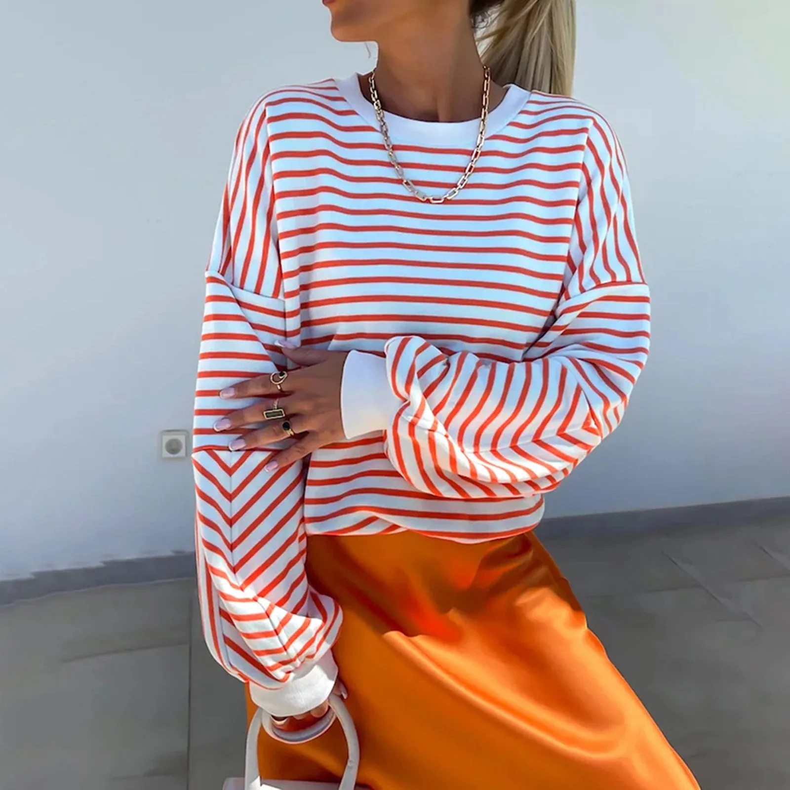 Striped Print Crew Neck Sweatshirt – Casual Long Sleeve Pullover for Fall & Winter Streetwear