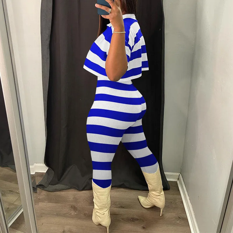 Striped Short Sleeve Rib-Knit Crop Top & Pants Set