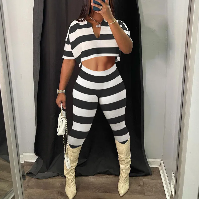 Striped Short Sleeve Rib-Knit Crop Top & Pants Set