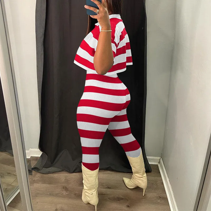 Striped Short Sleeve Rib-Knit Crop Top & Pants Set