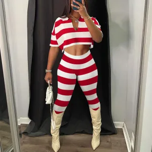 Striped Short Sleeve Rib-Knit Crop Top & Pants Set
