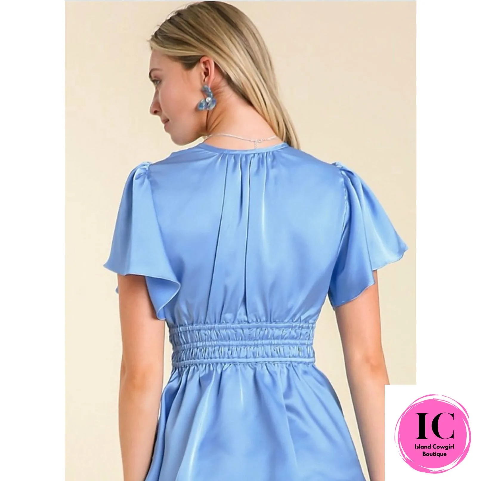 Tell Me More Blue Satin Blouse