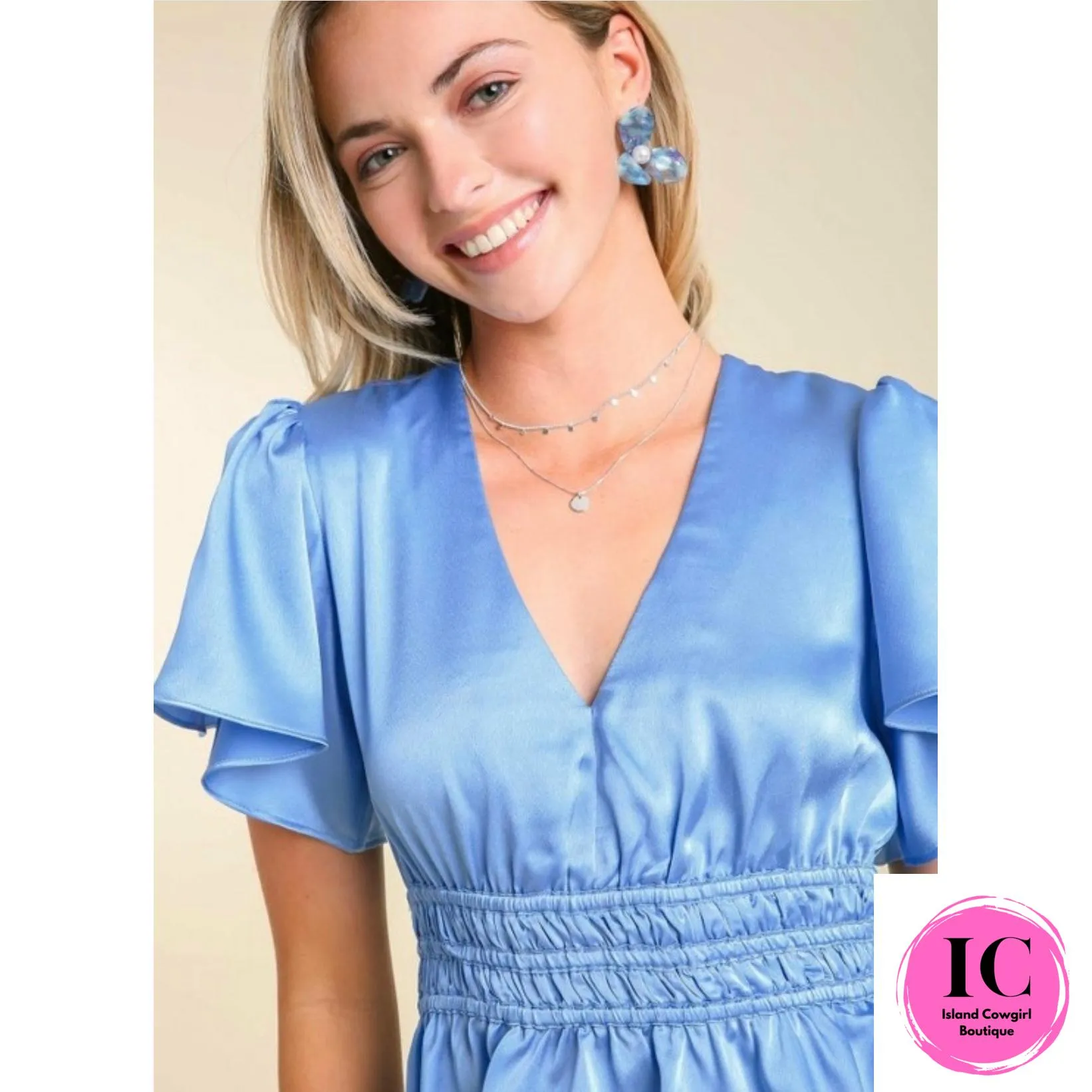 Tell Me More Blue Satin Blouse