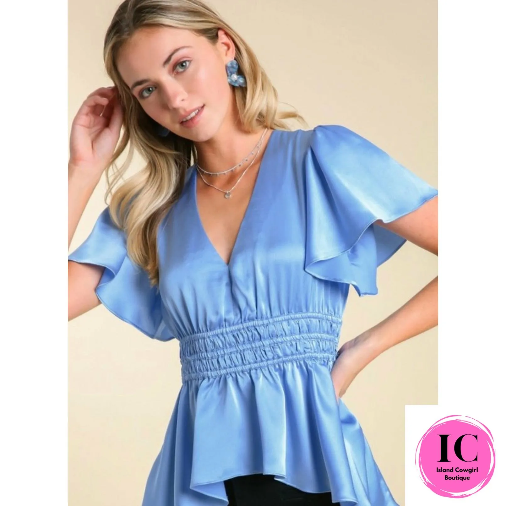 Tell Me More Blue Satin Blouse