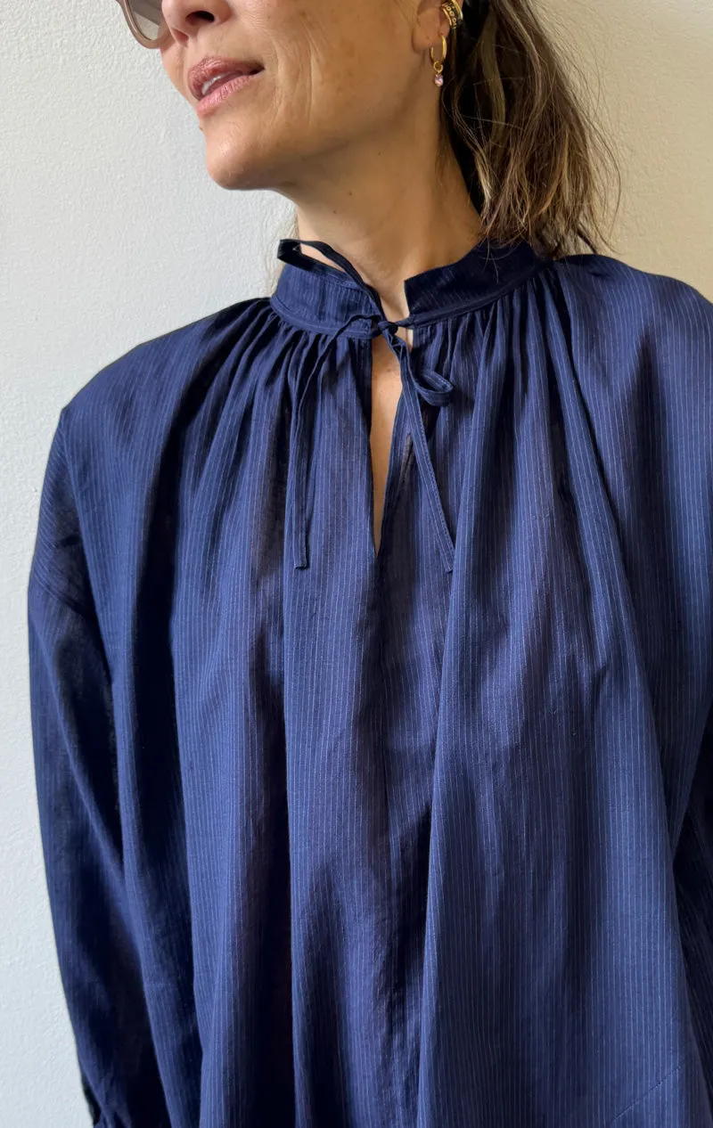 Tie Neck Dress in Navy Pinstripe-1 left!