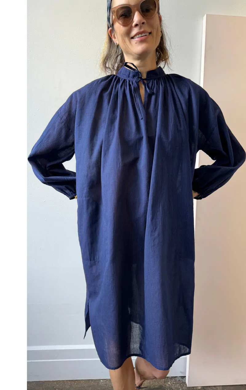 Tie Neck Dress in Navy Pinstripe-1 left!