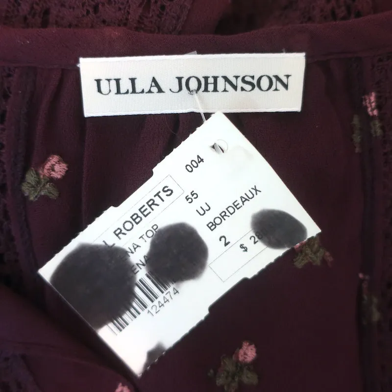 Ulla Johnson Magdalena Top Bordeaux Floral-Embroidered Georgette Size 2