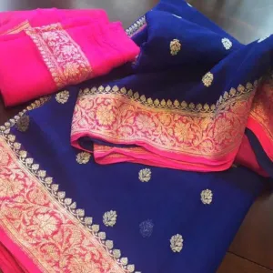 Unique Pink-Blue Banarasi Zari Khaddi Chiffon Saree