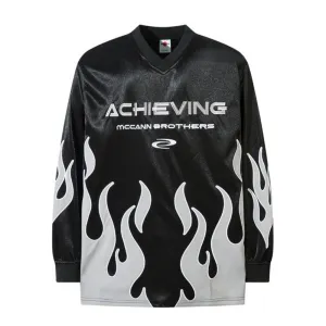 V-neck Flame Embroidery Patchwork Sweatshirt