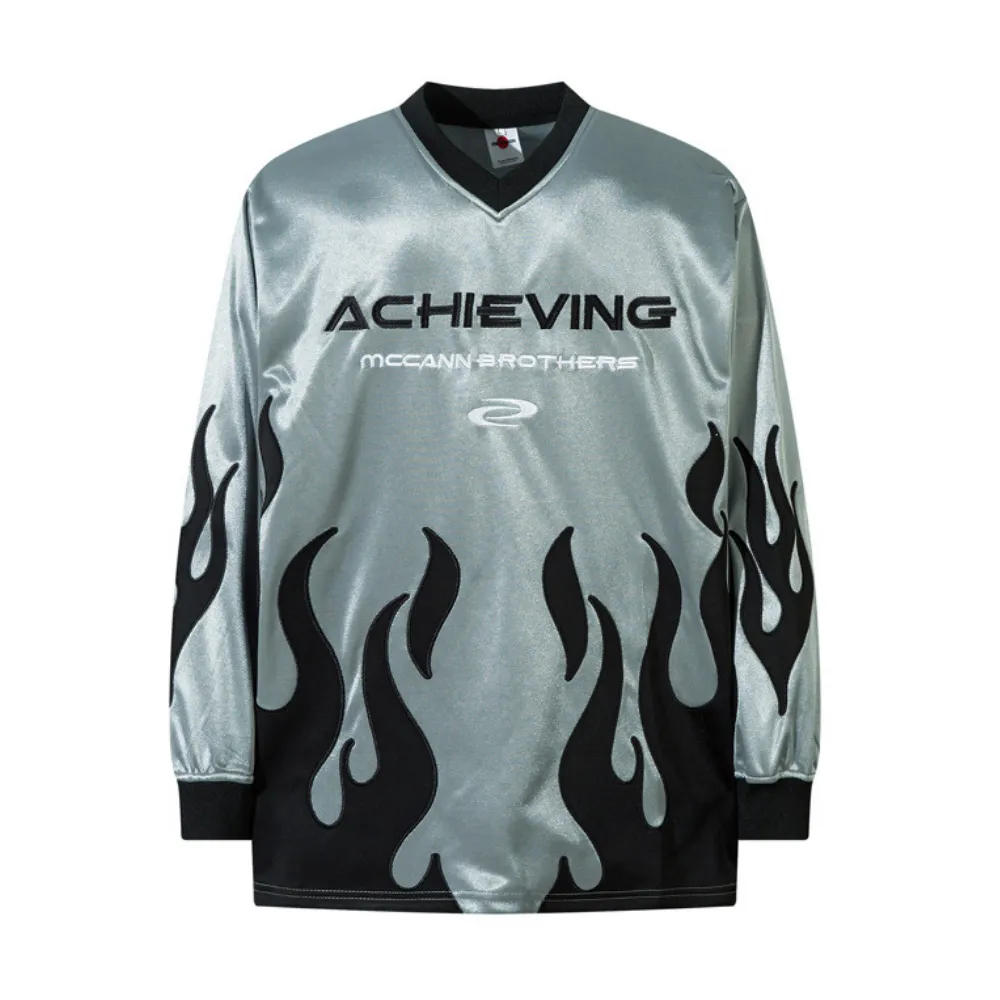 V-neck Flame Embroidery Patchwork Sweatshirt