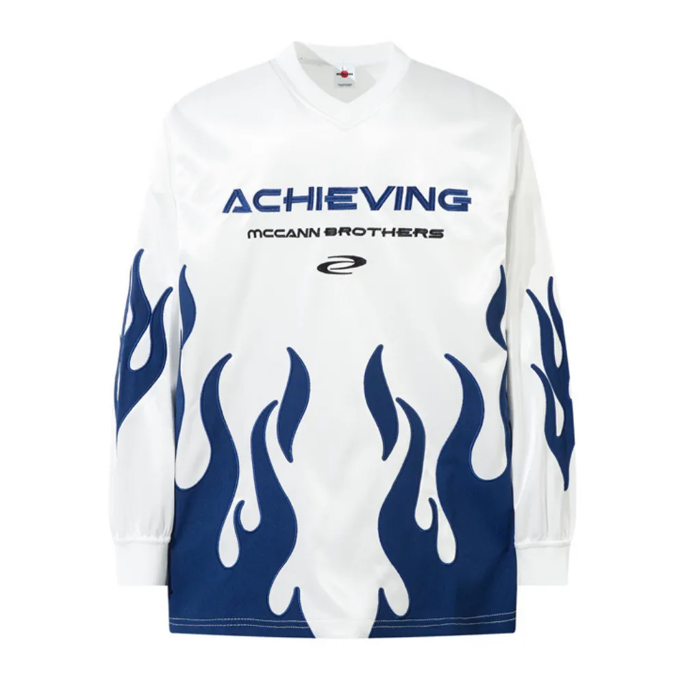 V-neck Flame Embroidery Patchwork Sweatshirt