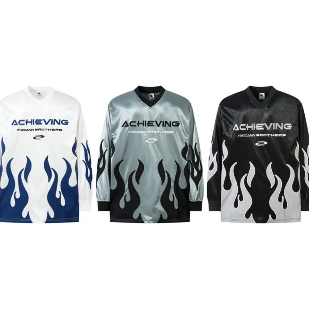 V-neck Flame Embroidery Patchwork Sweatshirt